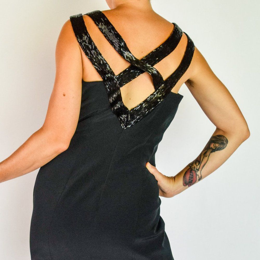 Vintage 90s glam little black dress with heavy beaded strap detail